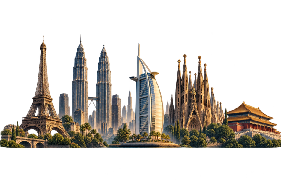An editorial illustration of landmarks from Paris, Kuala Lumpur, Dubai, Barcelona and Beijing